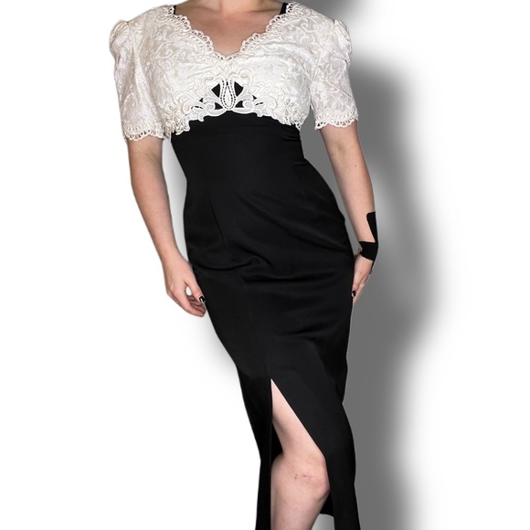 Vintage Jessica McClintock Evening Gown Black and White Lace - Picture 2 of 13